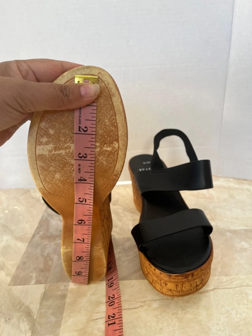 Italian Shoemakers Black Leather-Strap Cork Wedge Sandals - Picture 9 of 12